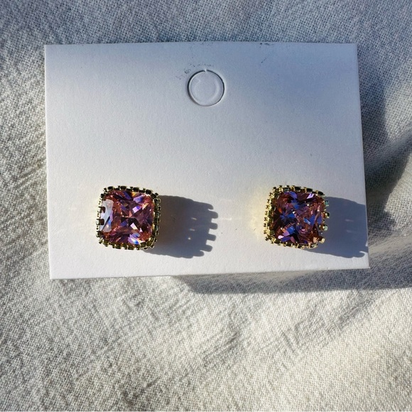 Simulated Pink Sapphire Princess Cut CZ Studs - Picture 4 of 10